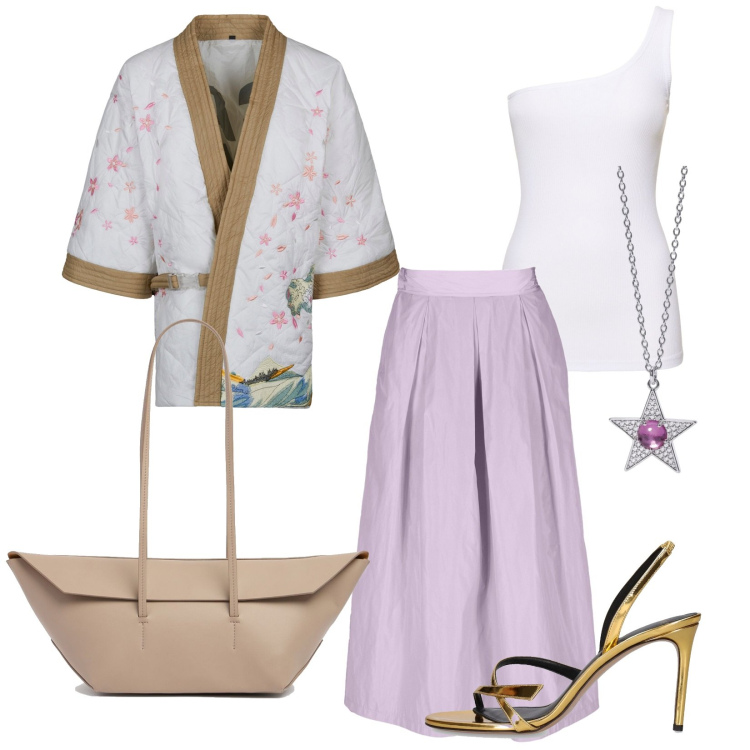 Outfit donna - Holiday. Stile Chic per Serata fuori. look ideale per Tall. Abbinamento con ciondoli, kimono, sandali in pelle, shopping bag, gonne, top.
