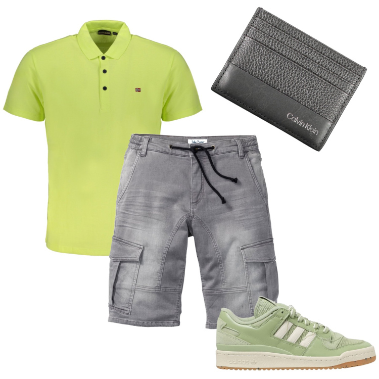 Outfit uomo - La polo verde acido. Stile Urban per Tutti i giorni. Abbinamento con bermuda, sneakers, portafogli, t-shirt.
