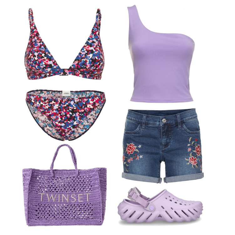 Outfit donna - Vado in spiaggia con i fiori. Stile Trendy per Mare. Abbinamento con shorts, borse tote, bikini, canottiere, zoccoli, bikini.