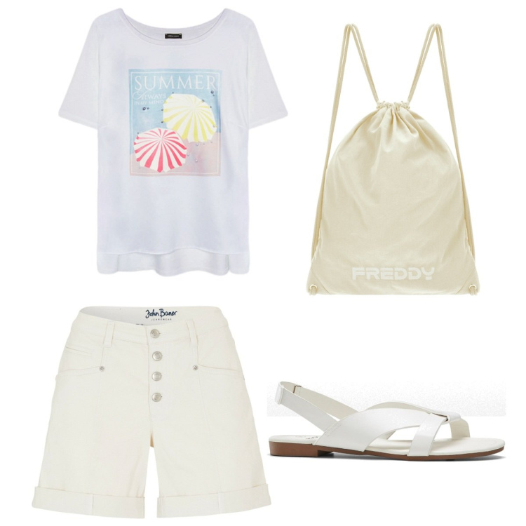Outfit donna - Total look #1928736. Stile Trendy per Tutti i giorni. Abbinamento con sandali, shorts, zaini, t-shirt.