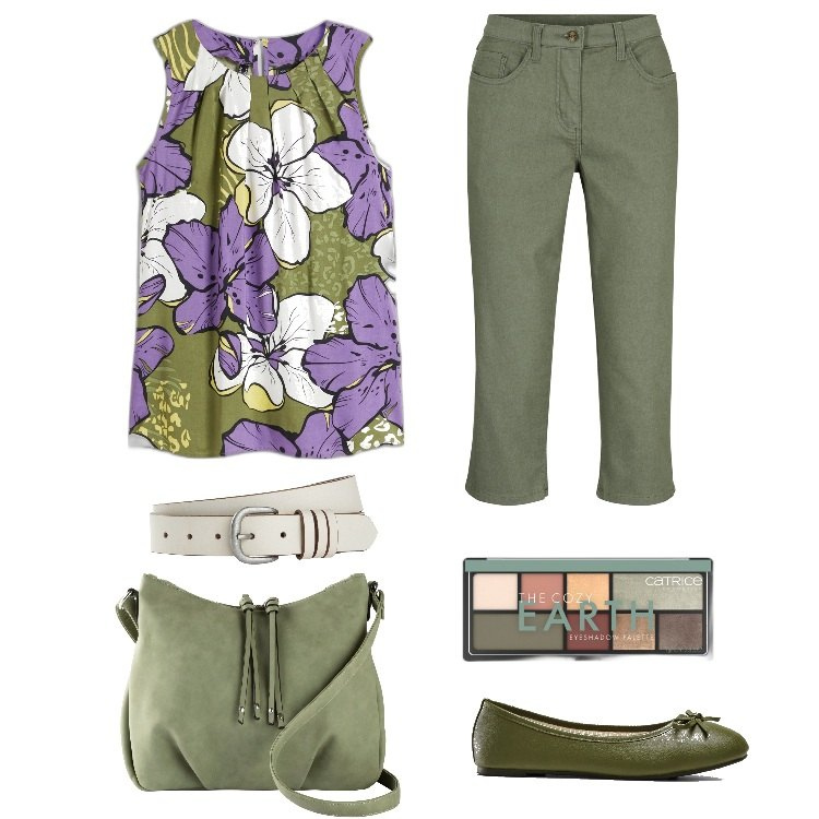 Outfit donna - I pantaloni capri verde militare. Stile Vintage retrò per Tutti i giorni. Abbinamento con pantaloni capri, borse a tracolla, top, ballerine, cinture, ombretti.