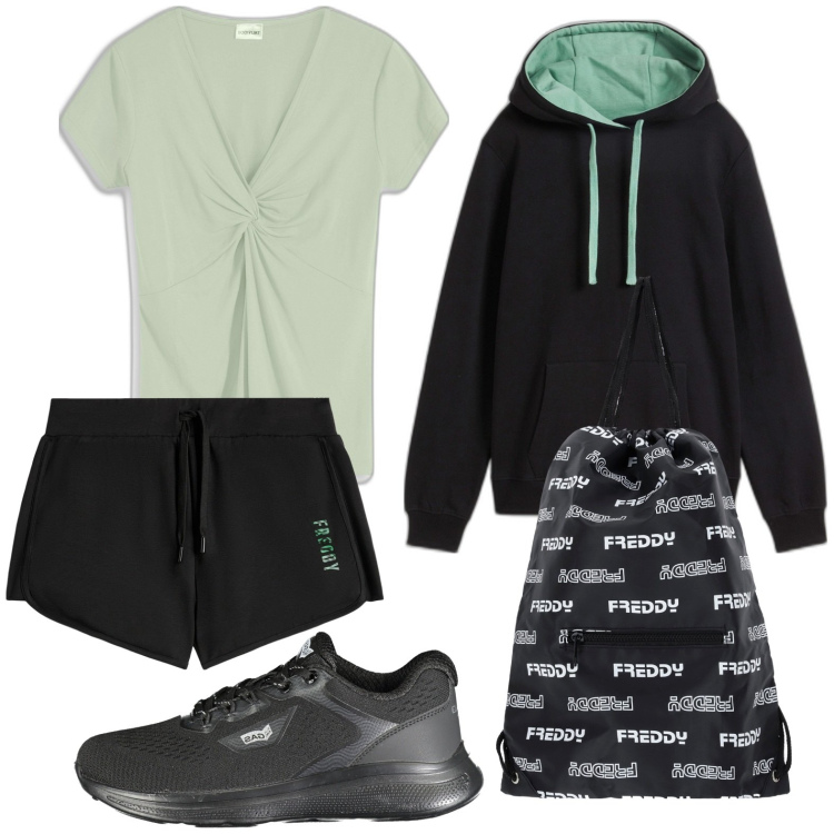 Outfit donna - Sport al parco. Stile Basic per Tutti i giorni. look ideale per Petite. Abbinamento con felpe con cappuccio, maglieria, zaini, pantaloni corti, sneakers.