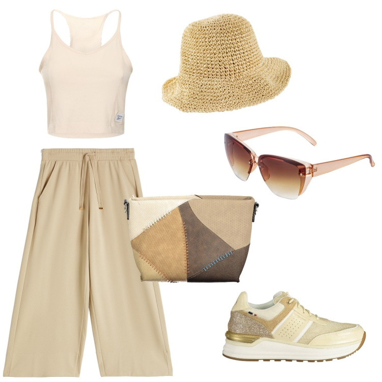 Outfit donna - Comodità con classe. Stile Casual chic per Tutti i giorni. Abbinamento con cappelli, occhiali da sole, pantaloni culotte, scarpe sportive, top, borse a tracolla.