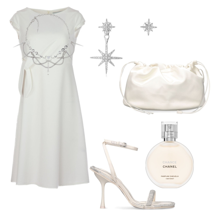 Outfit donna - Cerimonia luminosa. Stile Bon Ton per Cerimonia. Abbinamento con profumi, vestiti midi/longuette, pochette, collane, orecchini, sandali in pelle.