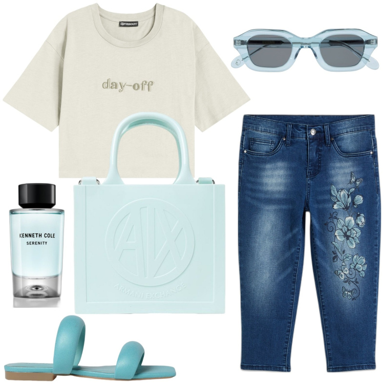 Outfit donna - Jeans e maglietta. Stile Basic per Tutti i giorni. look ideale per Petite. Abbinamento con jeans, profumi, t-shirt, borse a mano, sandali in pelle, occhiali da sole.