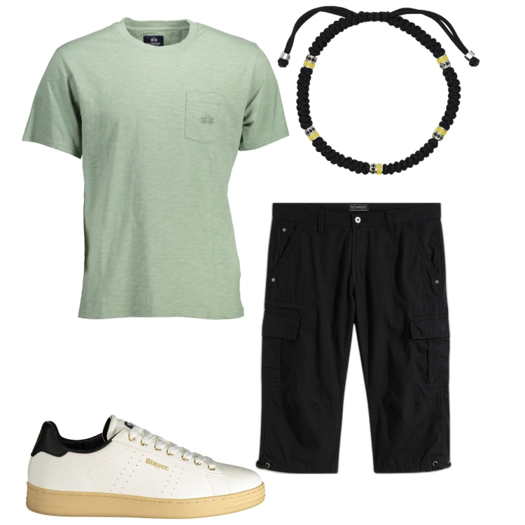 Outfit uomo - Urban. Stile Urban per Tutti i giorni. Abbinamento con bermuda, braccialetti, sneakers, t-shirt.