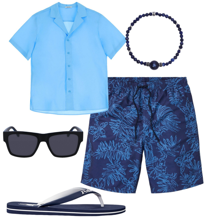 Outfit uomo - Al mare. Stile Trendy per Mare. Abbinamento con pantaloni corti, braccialetti, camicie a manica corta, sandali, occhiali da sole.