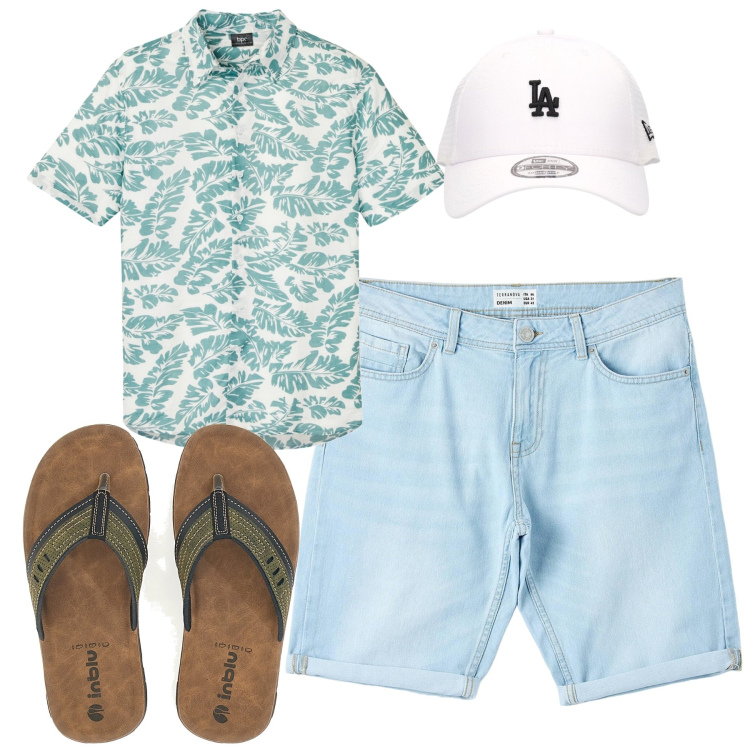 Outfit uomo - Total look #1928819. Stile Trendy per Mare. Abbinamento con camicie a manica corta, bermuda, sandali, cappelli.