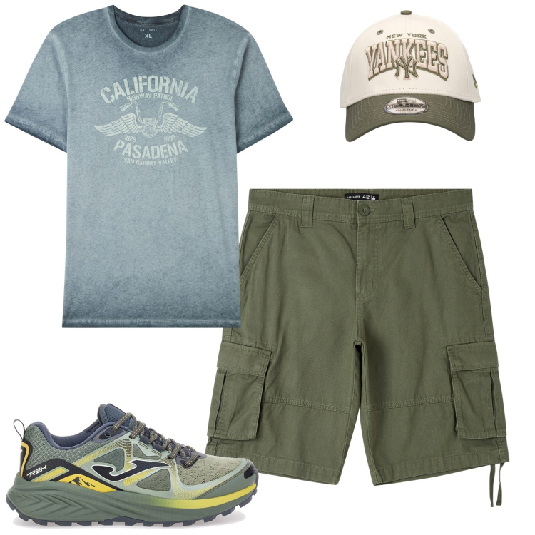 Outfit uomo - Gita fuori porta in famiglia. Stile Casual per Tutti i giorni. Abbinamento con t-shirt, pantaloni corti, cappelli, sneakers.