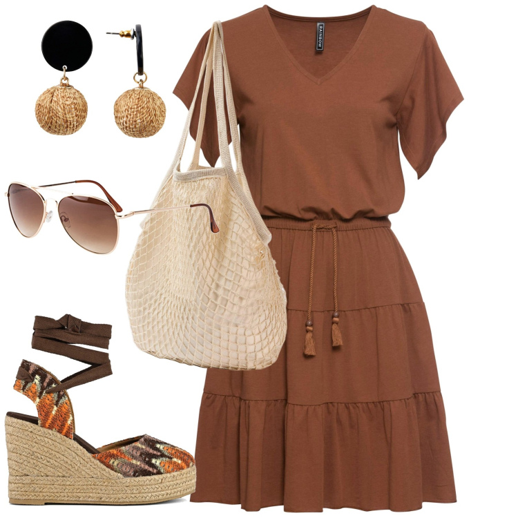 Outfit donna - City. Stile Urban per Tutti i giorni. Abbinamento con orecchini, occhiali da sole, vestiti, borse a spalla, sandali col tacco.
