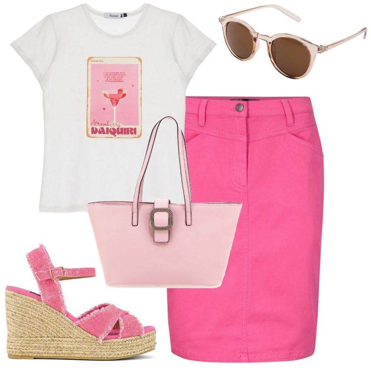 Outfit donna - Summertime. Stile Casual chic per Tutti i giorni. Abbinamento con occhiali da sole, gonne, t-shirt, borse a spalla, sandali col tacco.