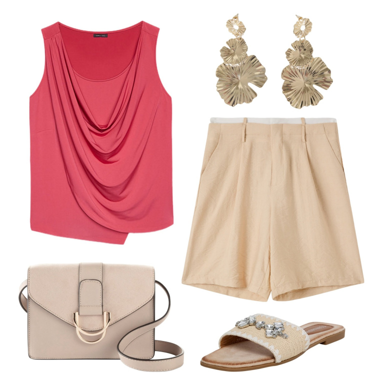Outfit donna - Chic in bermuda. Stile Chic per Tutti i giorni. Abbinamento con borse a tracolla, ciabatte, bermuda, orecchini, top.