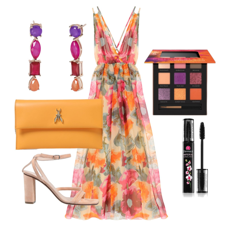 Outfit donna - Ghost outfitter - agosto. Stile Glamour per Cerimonia. Abbinamento con sandali in pelle, mascara, ombretti, orecchini, vestiti lunghi, clutch.