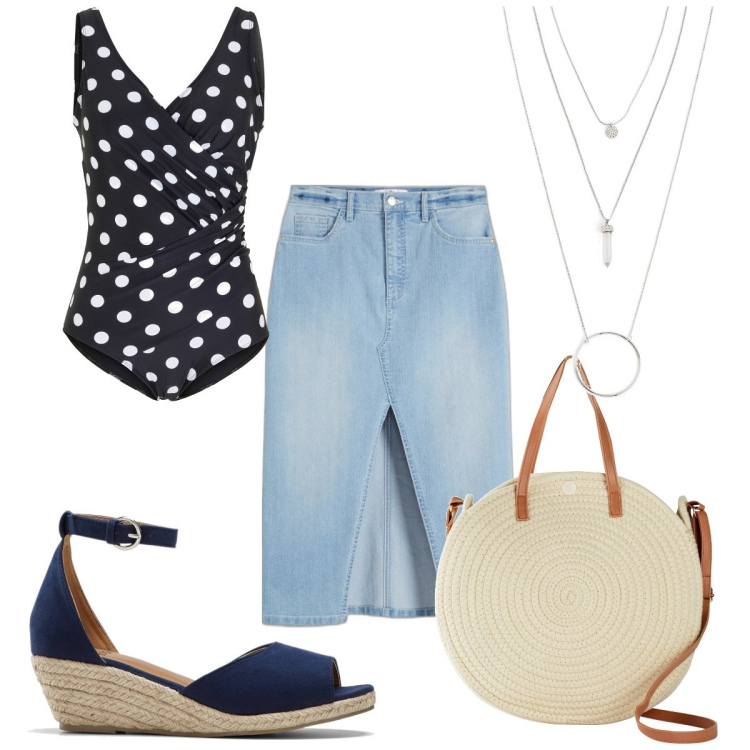 Outfit donna - Summer essentials: in vacanza con i pois. Stile Trendy per Mare. Abbinamento con ciondoli, gonne longuette, costumi interi, sandali, borse a tracolla.