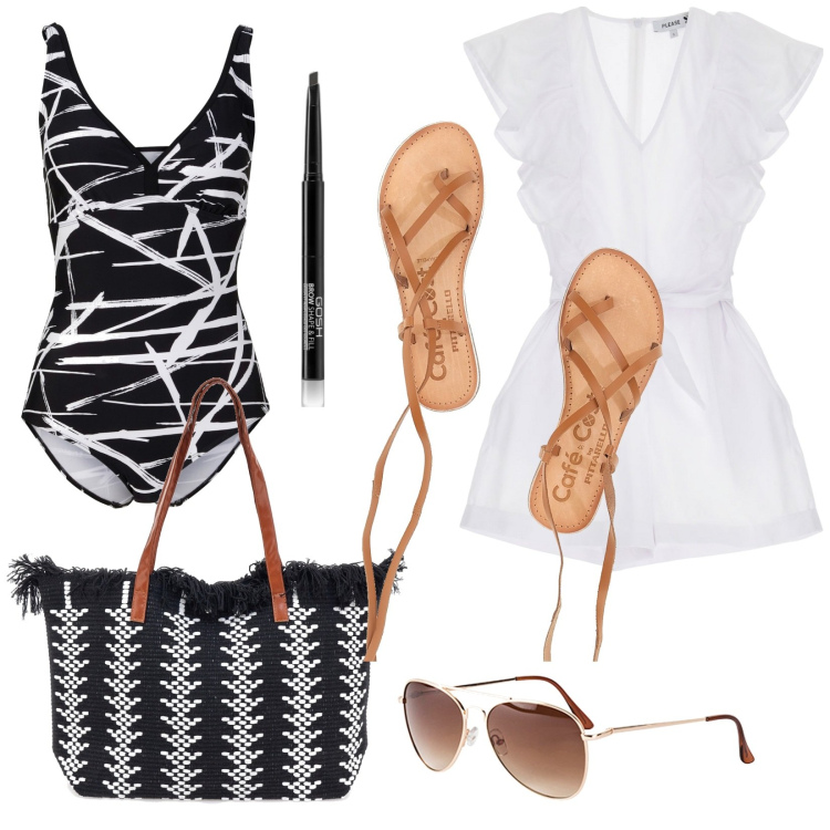 Outfit donna - Total look #1928871. Stile Trendy per Mare. Abbinamento con occhiali da sole, costumi interi, eyeliner, vestiti corti, borse a spalla, sandali alla schiava.