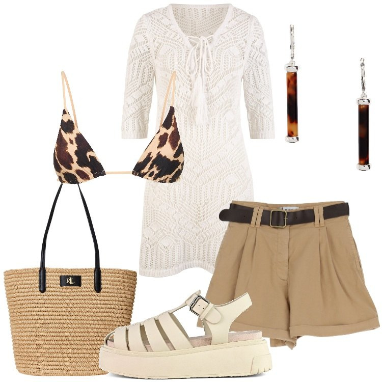 Outfit donna - Summer holiday -Santorini. Stile Trendy per Mare. Abbinamento con vestiti da spiaggia, shorts, orecchini, borse tote, sandali, bikini.