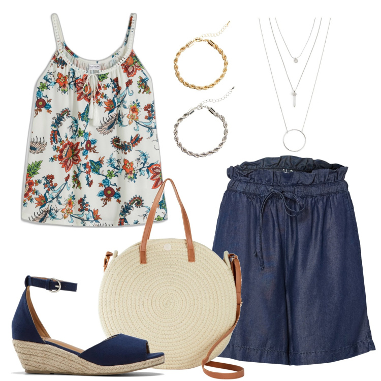Outfit donna - Easy con stile. Stile Casual per Tutti i giorni. Abbinamento con top, ciondoli, shorts, sandali, borse a tracolla, braccialetti.