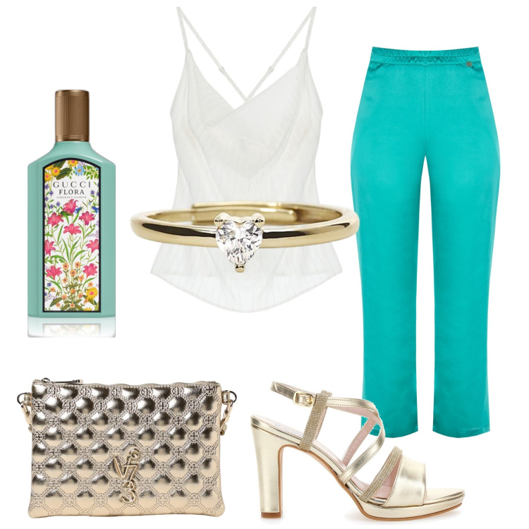 Outfit donna - Il cuore mio. Stile Chic per Serata fuori. Abbinamento con profumi, anelli, pantaloni a palazzo, canottiere, sandali col tacco, borse a tracolla.