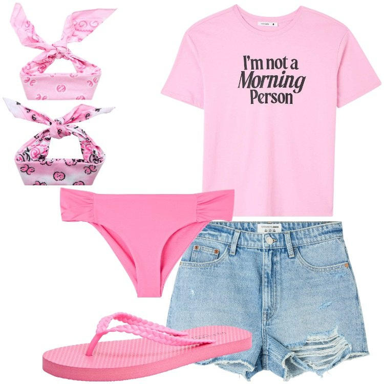 Outfit donna - Terranova - Vacanze in Riviera. Stile Casual per Mare. Abbinamento con shorts, t-shirt, fasce per capelli, bikini, infradito.