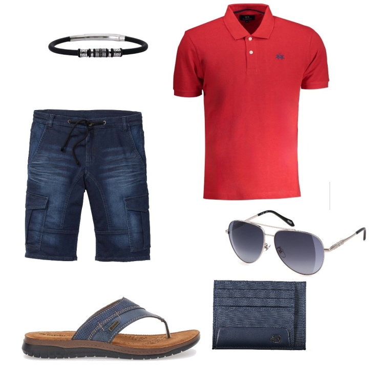 Outfit uomo - Total look #1928882. Stile Casual per Tutti i giorni. Abbinamento con braccialetti, portafogli, bermuda, occhiali da sole, sandali, polo.