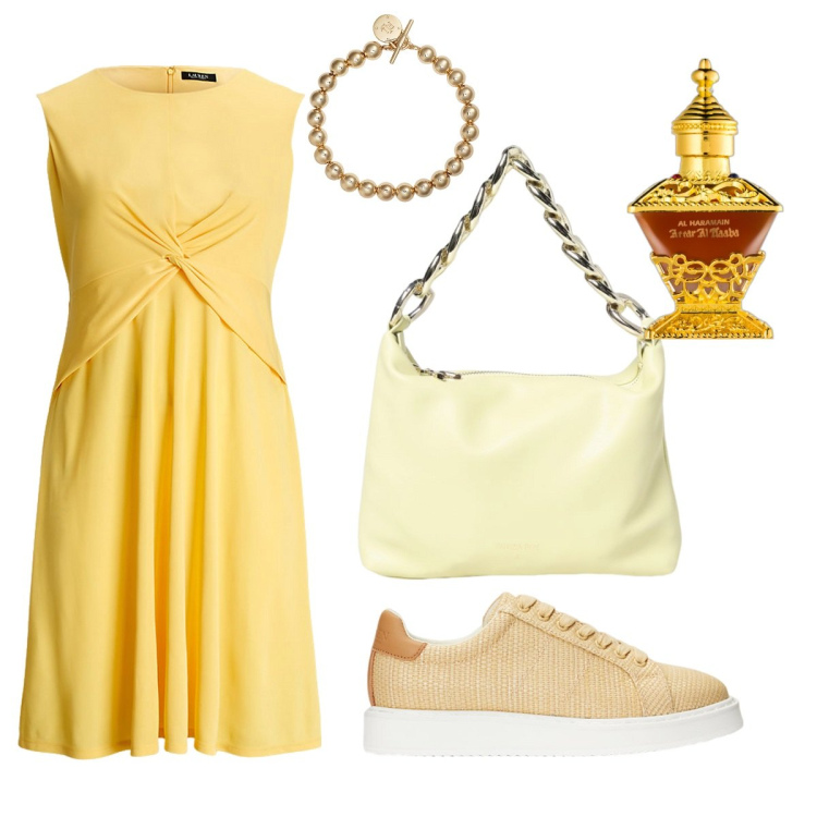 Outfit donna - Vaniglia. per Ufficio. Abbinamento con profumi, braccialetti, vestiti, sneakers, borse a spalla.