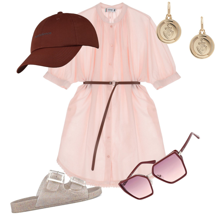Outfit donna - Benvenuto agosto. Stile Basic per Tutti i giorni. Abbinamento con cappelli, vestiti, orecchini, sandali, occhiali da sole.