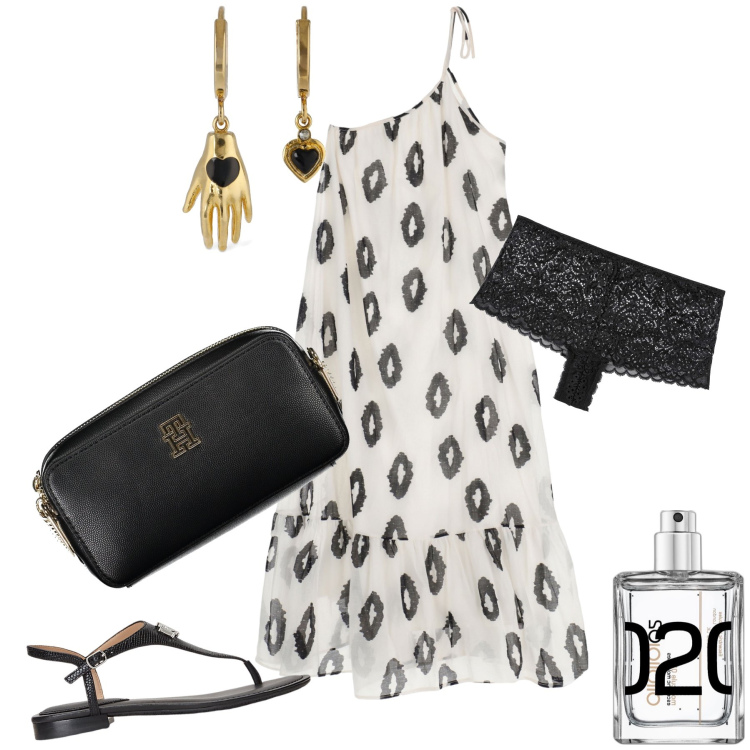 Outfit donna - Serata in infradito. Stile Glamour per Serata fuori. Abbinamento con culotte, profumi, vestiti lunghi, sandali in pelle, borse a tracolla, orecchini.