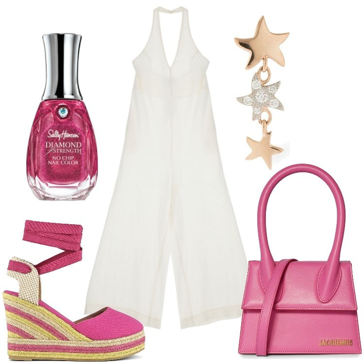 Outfit donna - Cassiopea. Stile Casual chic per Serata fuori. Abbinamento con smalti, tute, espadrillas, borse a mano, orecchini.