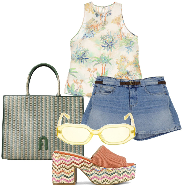 Outfit donna - Jesolo beach. Stile Casual per Tutti i giorni. Abbinamento con canottiere, shorts, sandali, borse tote, occhiali da sole.