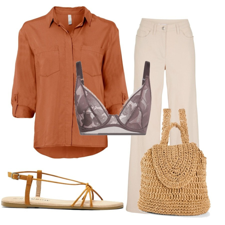 Outfit femme - Août 2024. Style Casual pour Tous les jours. Assortir avec pantalon , chemisiers, sandales, sacs à dos, soutiens-gorge.