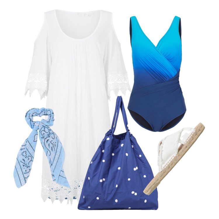 Outfit donna - Ghost outfitter - agosto. Stile Trendy per Mare. Abbinamento con costumi interi, shorts, vestiti da spiaggia, accessori per capelli, borse tote, sandali.