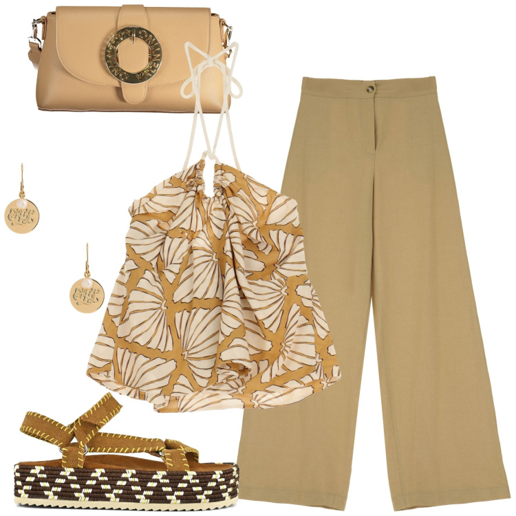 Outfit donna - Agosto color sabbia. Stile Casual chic per Tutti i giorni. Abbinamento con canottiere, pantaloni a palazzo, orecchini, sandali, borse a spalla.