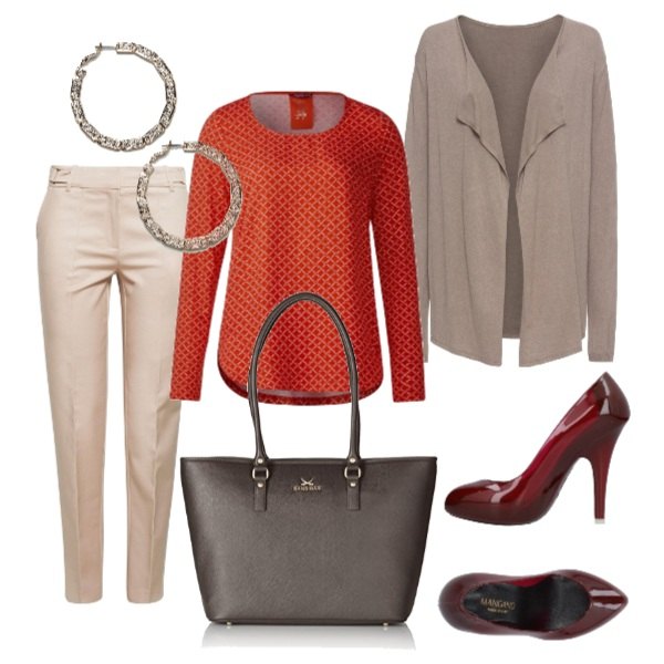 Outfit donna - A lavoro. Stile Basic per Ufficio. Abbinamento con décolleté con punta tonda tinta unita, maglieria, camicia con stampa, pantalone rosa, borsa a tracolla marrone, orecchini con fasce in denim oro.