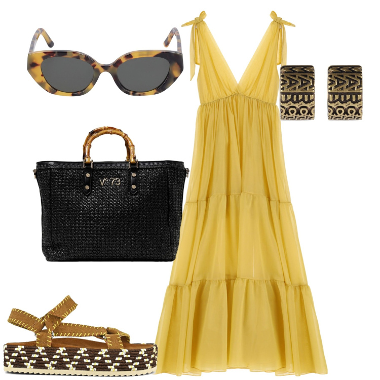 Outfit donna - Giallo solare. Stile Trendy per Mare. Abbinamento con vestiti lunghi, sandali, orecchini, occhiali da sole, borse a mano.