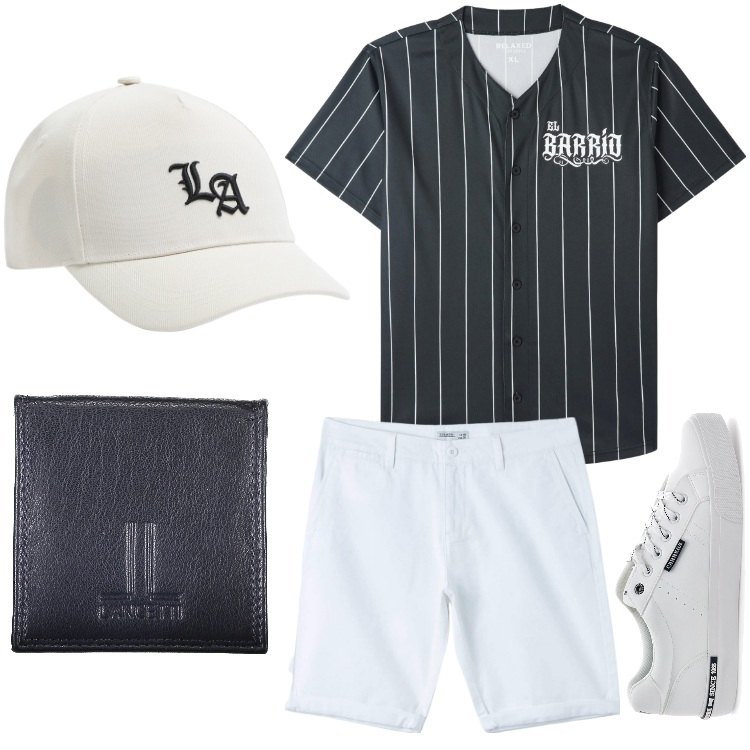 Outfit uomo - A righe. Stile Casual per Tutti i giorni. Abbinamento con t-shirt, bermuda, cappelli, portamonete, sneakers.