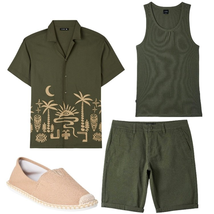 Outfit uomo - Oasi. Stile Casual per Tutti i giorni. Abbinamento con camicie a manica corta, espadrillas, bermuda, canottiere.