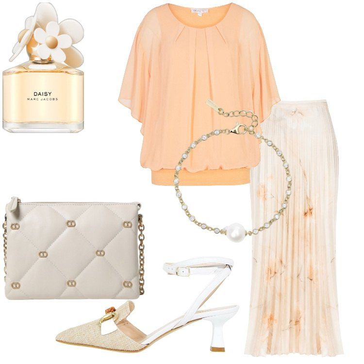 Outfit donna - La gonna in raso plissé. Stile Romantica per Cerimonia. Abbinamento con bluse, profumi, braccialetti, gonne longuette, sandali col tacco, borse a tracolla.