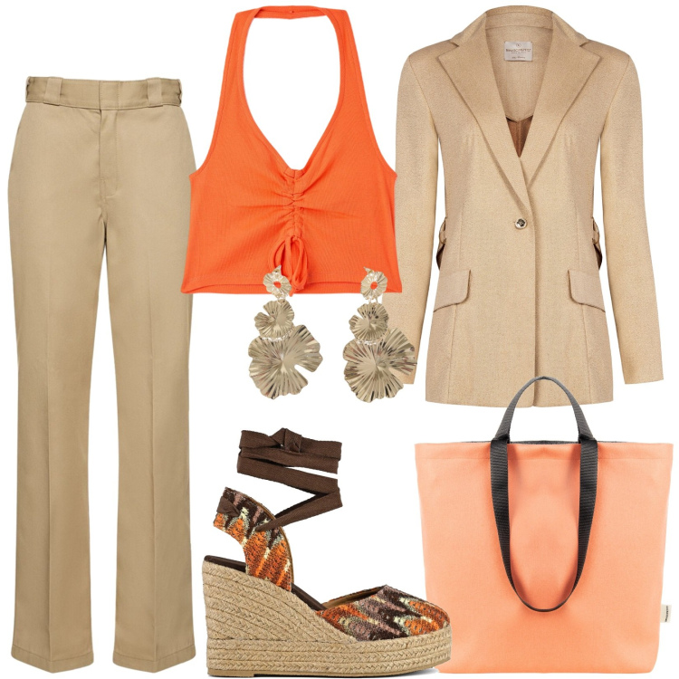 Outfit donna - Total look #1928978. Stile Casual chic per Serata fuori. Abbinamento con top, borse tote, blazer, orecchini, pantaloni, sandali col tacco.