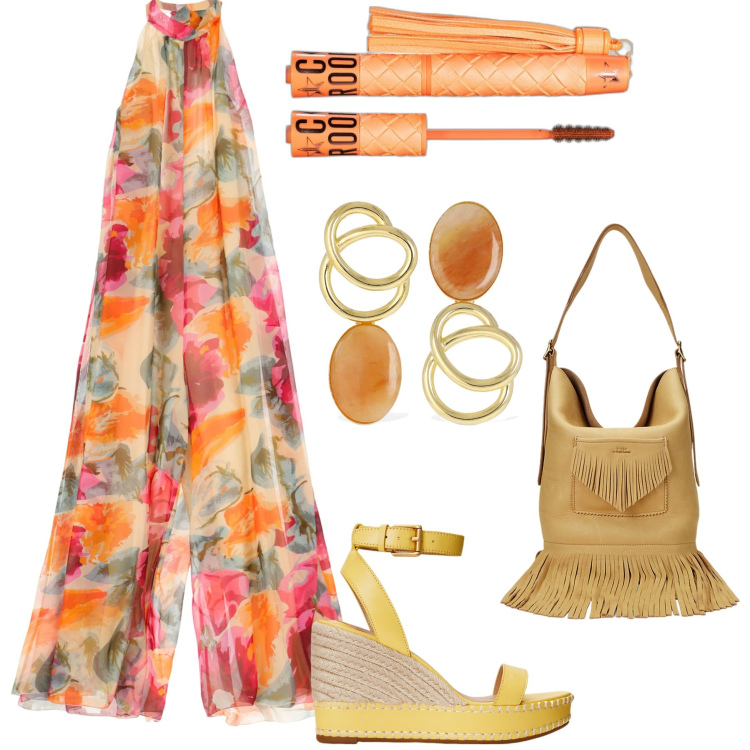 Outfit donna - Tramonti estivi. Stile Romantica per Tutti i giorni. Abbinamento con mascara, tute, espadrillas, borse a secchiello, orecchini.