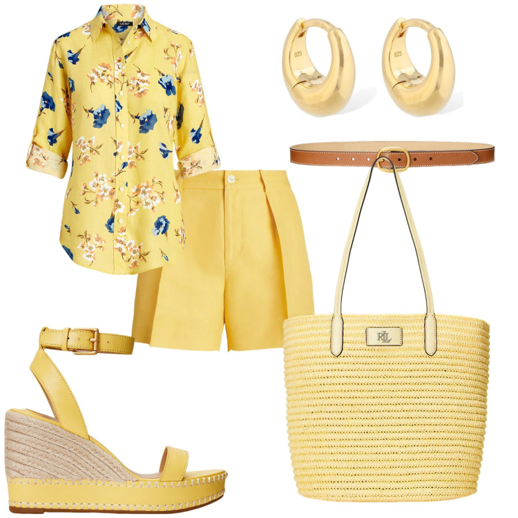 Outfit donna - In bermuda con una bella camicia. Stile Casual chic per Tutti i giorni. Abbinamento con cinture, camicie, borse tote, espadrillas, gonne lunghe, orecchini.