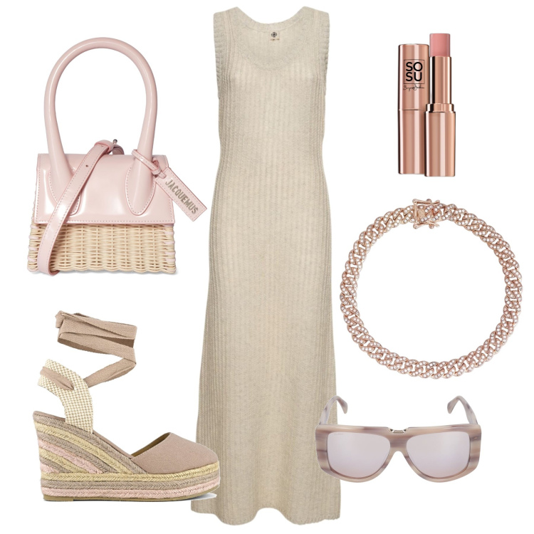 Outfit donna - Sand color. Stile Chic per Mare. Abbinamento con blush, braccialetti, vestiti, espadrillas, occhiali da sole, borse a mano.
