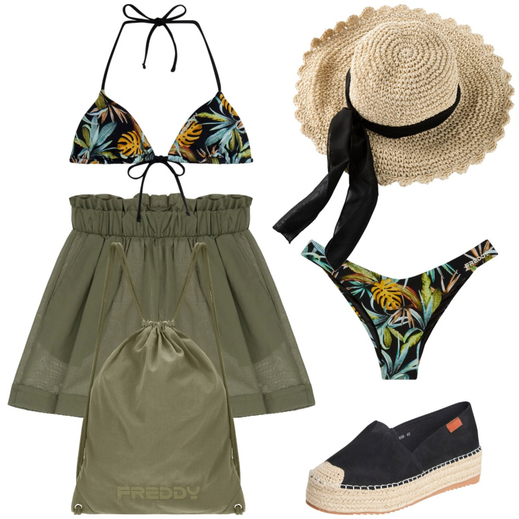 Outfit donna - Beach way. Stile Casual per Mare. Abbinamento con cappelli, espadrillas, shorts, bikini, bikini, zaini.