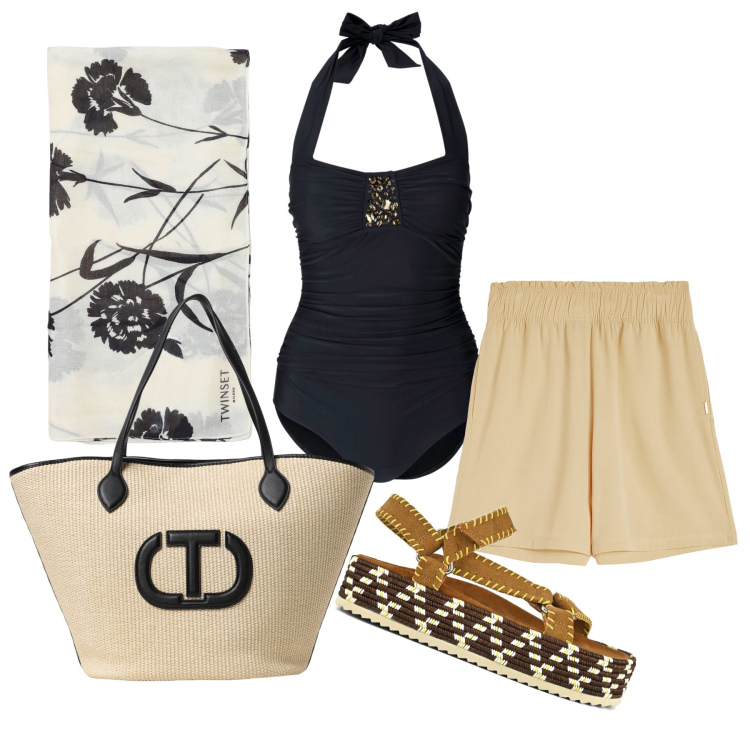 Outfit donna - Ghost outfitter - agosto. Stile Trendy per Mare. Abbinamento con costumi interi, pantaloni corti, sandali, sciarpe, borse tote.