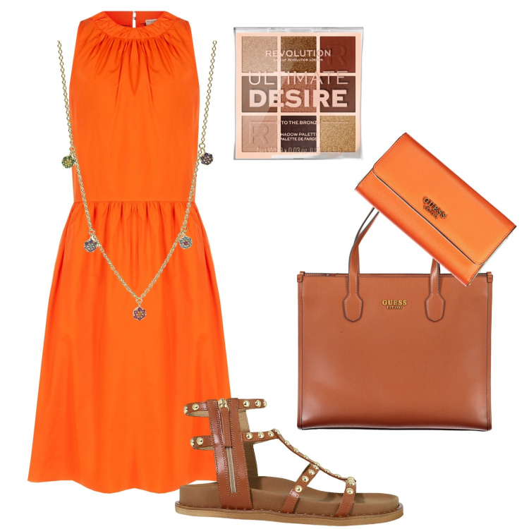 Outfit donna - Arancio e cognac. Stile Glamour per Tutti i giorni. Abbinamento con ombretti, ciondoli, vestiti midi/longuette, sandali, borse a spalla, portafogli.