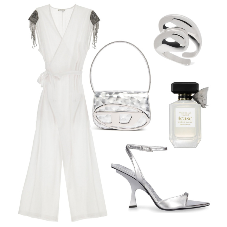 Outfit donna - Polvere di stelle!!!. Stile Glamour per Serata fuori. Abbinamento con profumi, tute, anelli, borse a spalla, sandali in pelle.