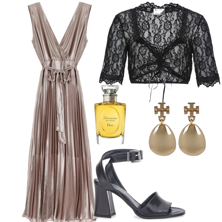 Outfit donna - Sere di festa. Stile Glamour per Cerimonia. Abbinamento con camicie, profumi, vestiti midi/longuette, sandali in pelle, orecchini.