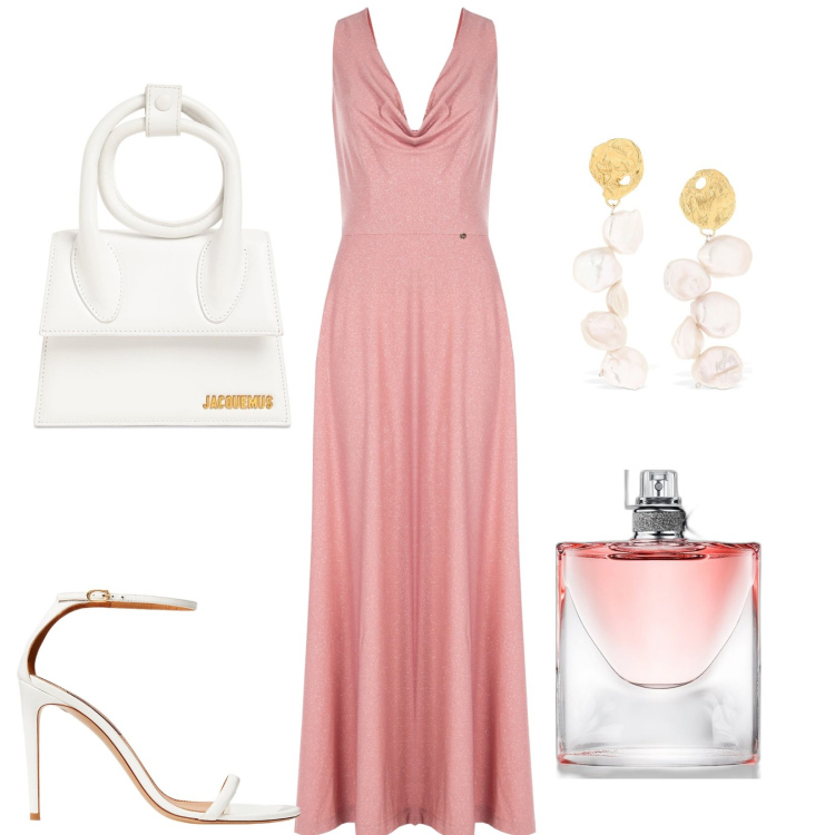 Outfit donna - Un cocktail a bordo piscina. Stile Chic per Serata fuori. Abbinamento con profumi, vestiti lunghi, sandali in pelle, orecchini, borse a mano.