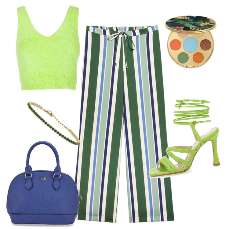 Outfit donna - Green lines. Stile Casual chic per Tutti i giorni. Abbinamento con ombretti, braccialetti, top, pantaloni, borse a mano, sandali col tacco.