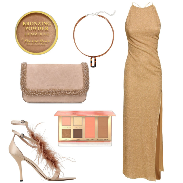 Outfit donna - Sfavillante. Stile Chic per Serata fuori. Abbinamento con blush, ciprie, ciondoli, vestiti lunghi, sandali col tacco, pochette.