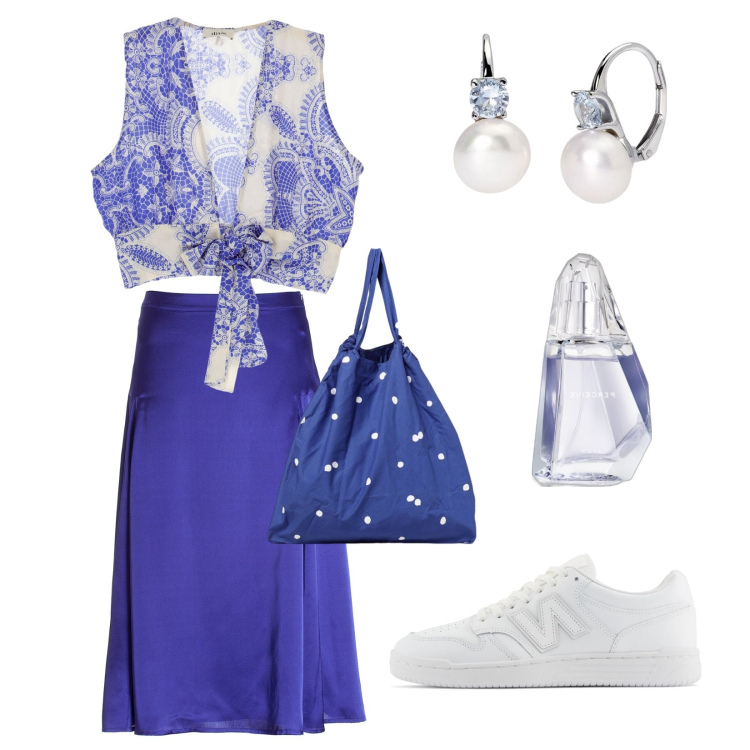 Outfit donna - Gonna in raso!. Stile Trendy per Tutti i giorni. Abbinamento con profumi, orecchini, sneakers, gonne longuette, top, borse tote.